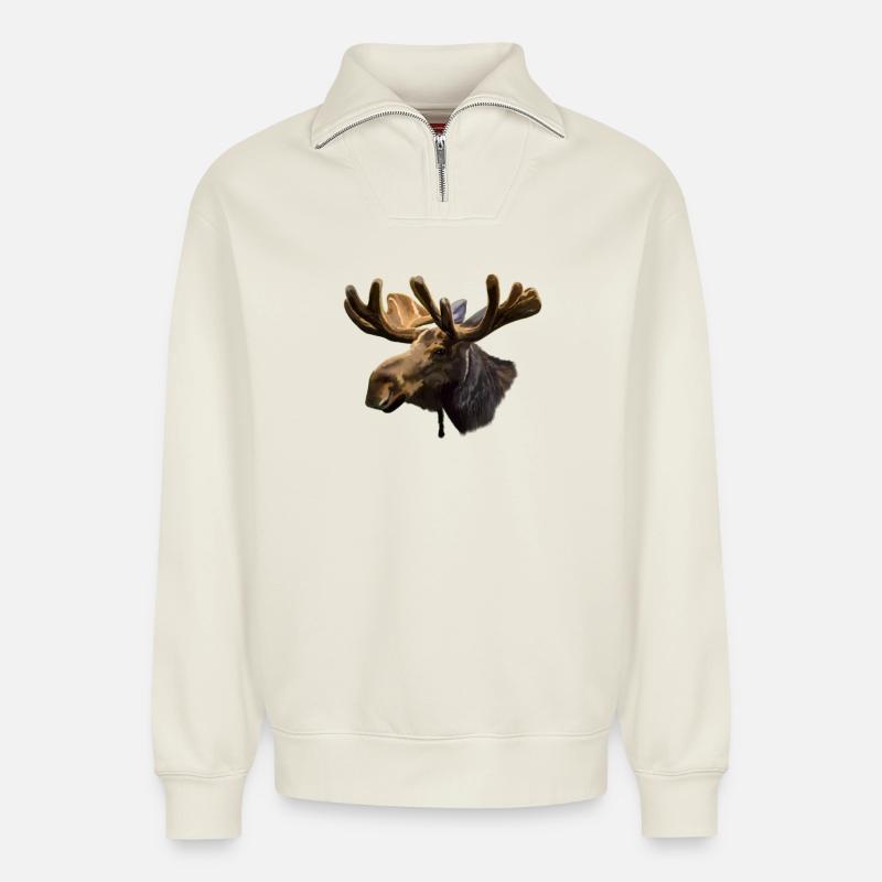 Elch - Relaxed Unisex Organic Half Zip Sweatshirt – von SPREAD - Naturweiß