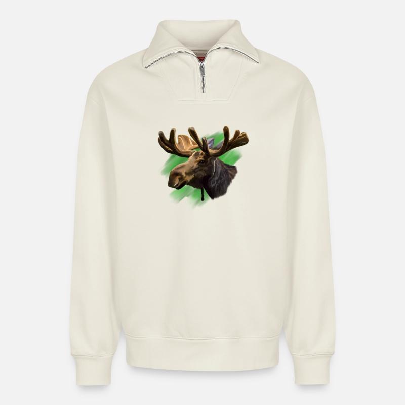moose - Relaxed Unisex Organic Half Zip Sweatshirt – by SPREAD - off white