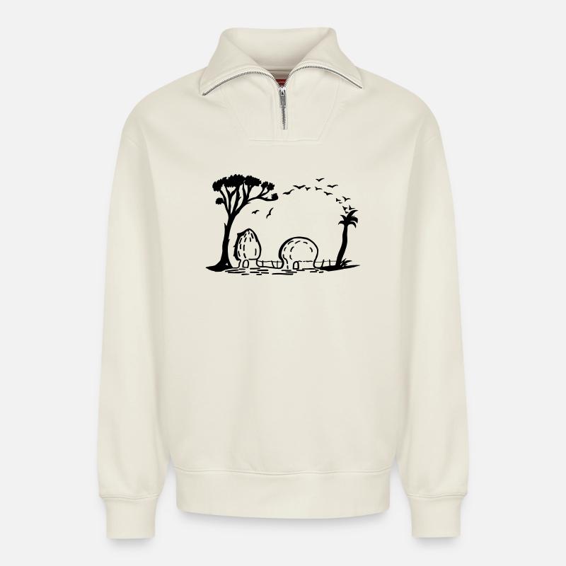 Elefant Dorf Optische Täuschung - Relaxed Unisex Organic Half Zip Sweatshirt – von SPREAD - Naturweiß