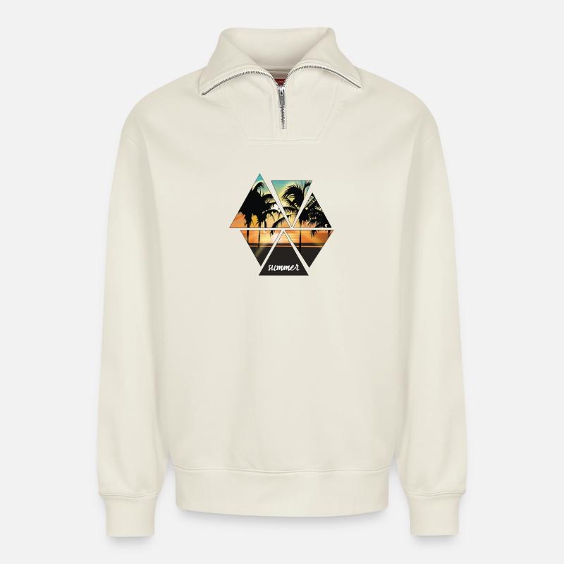 coucher du soleil - Sweat unisexe décontracté en coton biologique à demi-zip – de SPREAD - blanc cassé