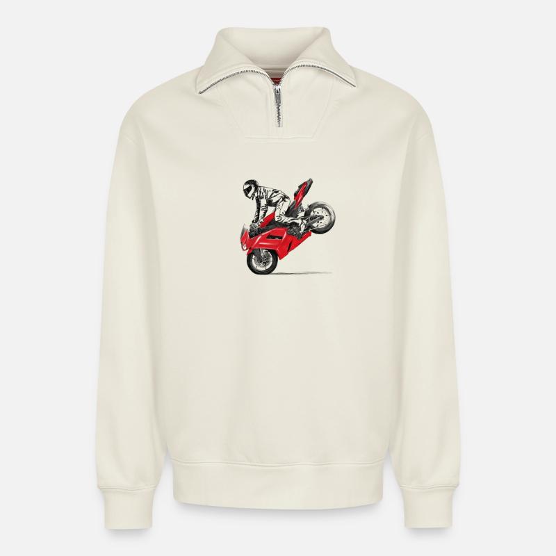 motorcycle stunt - Relaxed Unisex Organic Half Zip Sweatshirt – by SPREAD - off white