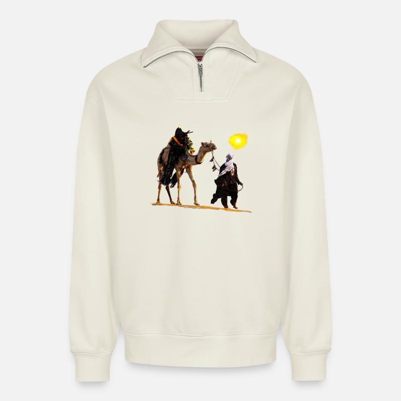 bedouin with camel - Sweat unisexe décontracté en coton biologique à demi-zip – de SPREAD - blanc cassé