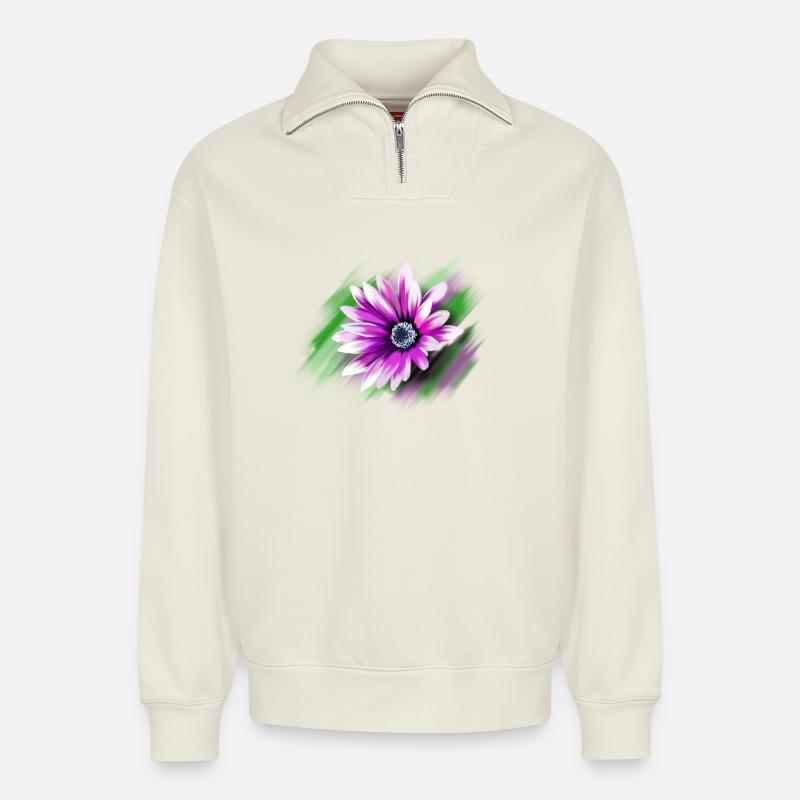 Blume - Relaxed Unisex Organic Half Zip Sweatshirt – von SPREAD - Naturweiß