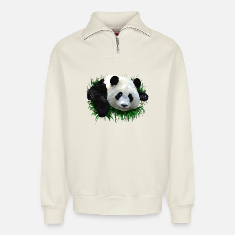 panda - Sweat unisexe décontracté en coton biologique à demi-zip – de SPREAD - blanc cassé
