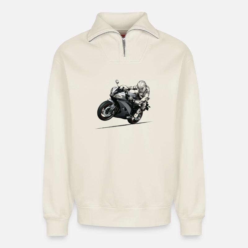 motorcycle - Sweat unisexe décontracté en coton biologique à demi-zip – de SPREAD - blanc cassé