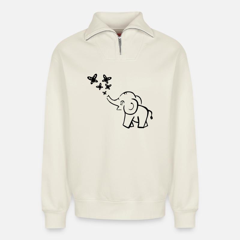 elephant - Sweat unisexe décontracté en coton biologique à demi-zip – de SPREAD - blanc cassé