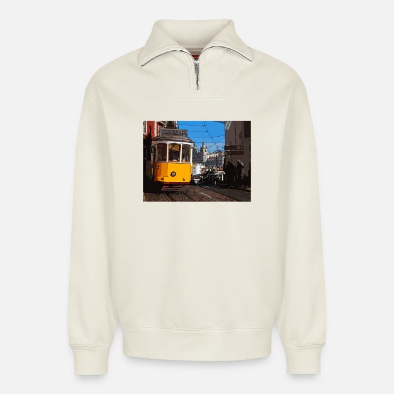 Tram in Lisbon - Relaxed Unisex Organic Half Zip Sweatshirt – by SPREAD - off white