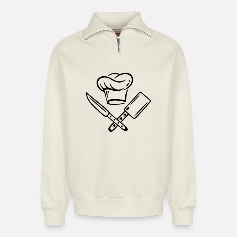 Kochen, Kochmütze mit Messer - Relaxed Unisex Organic Half Zip Sweatshirt – von SPREAD - Naturweiß