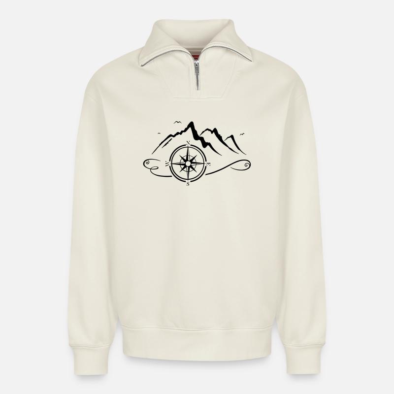 Wanderbild mit Bergen und Kompass - Relaxed Unisex Organic Half Zip Sweatshirt – von SPREAD - Naturweiß