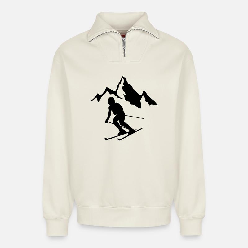 ski - Sweat unisexe décontracté en coton biologique à demi-zip – de SPREAD - blanc cassé