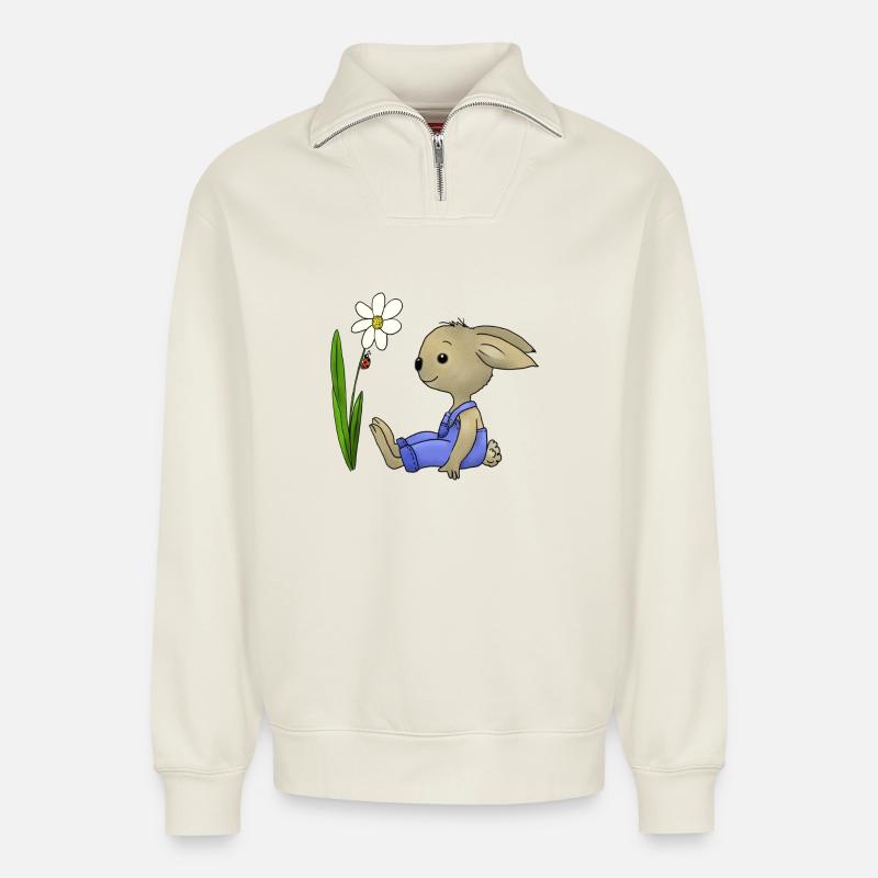 Rabbit and ladybug - Relaxed Unisex Organic Half Zip Sweatshirt – by SPREAD - off white