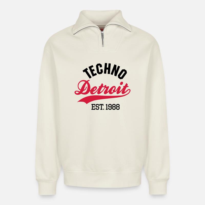 Techno Detroit est.1988 - Sweat unisexe décontracté en coton biologique à demi-zip – de SPREAD - blanc cassé