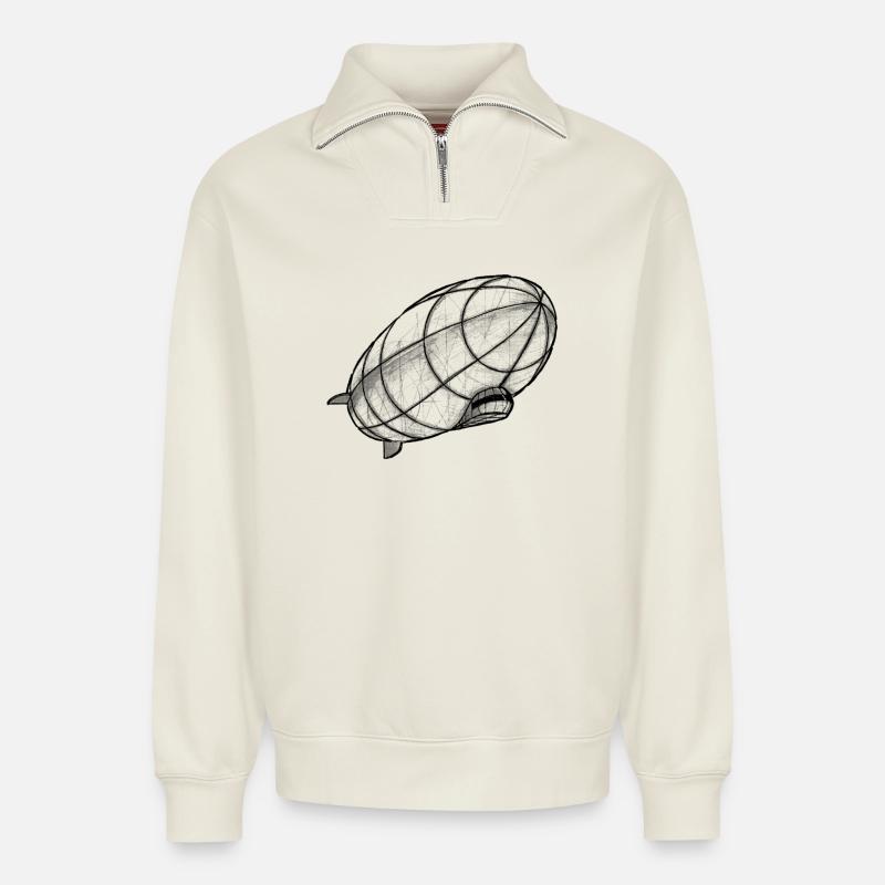 Zeppelin drawing perspective - Relaxed Unisex Organic Half Zip Sweatshirt – by SPREAD - off white