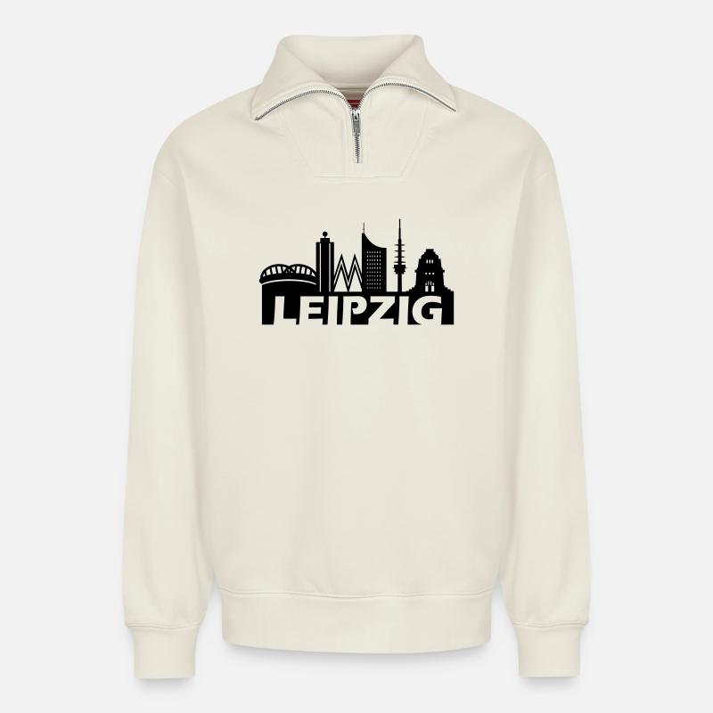 Skyline de Leipzig - Sweat unisexe décontracté en coton biologique à demi-zip – de SPREAD - blanc cassé