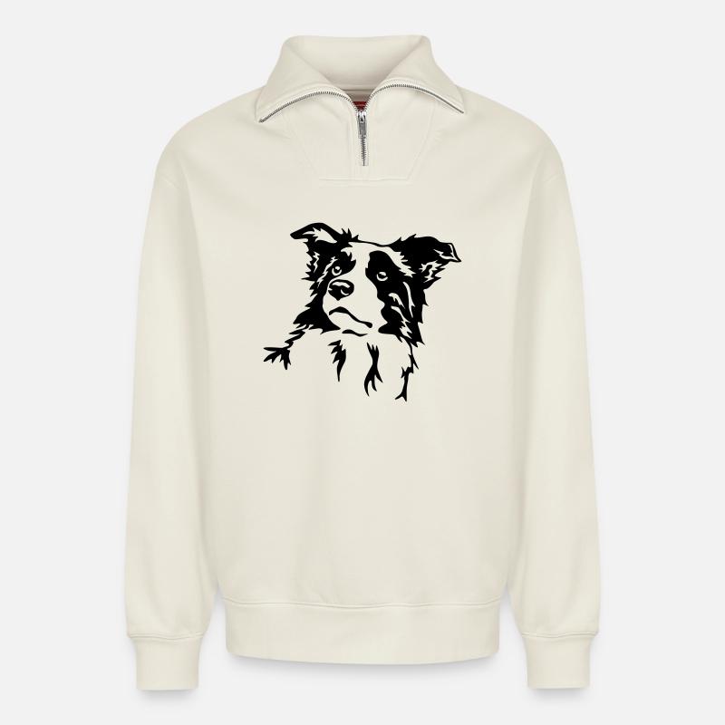 Border Collie Kopf - Relaxed Unisex Organic Half Zip Sweatshirt – von SPREAD - Naturweiß