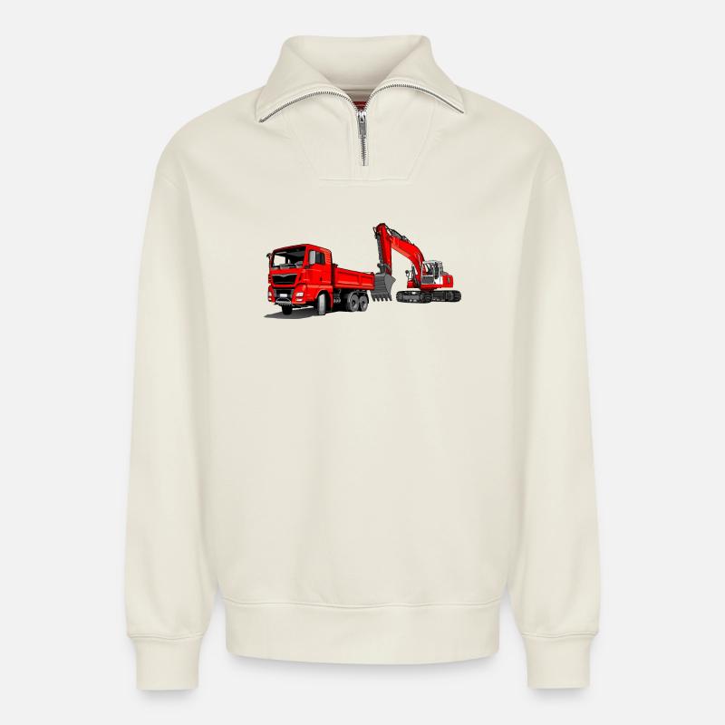 Baustelle mit Bagger und Kipplaster - Relaxed Unisex Organic Half Zip Sweatshirt – von SPREAD - Naturweiß