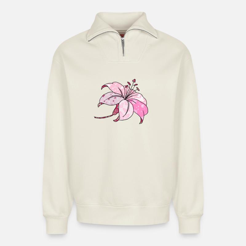 bunte Lilie - Relaxed Unisex Organic Half Zip Sweatshirt – von SPREAD - Naturweiß
