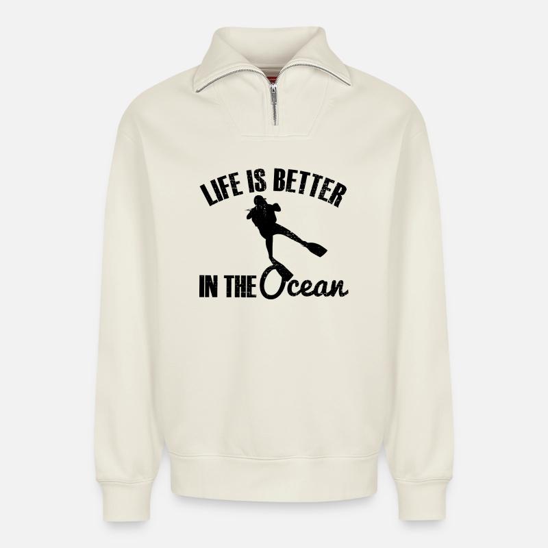 Taucher Tauchen - Relaxed Unisex Organic Half Zip Sweatshirt – von SPREAD - Naturweiß
