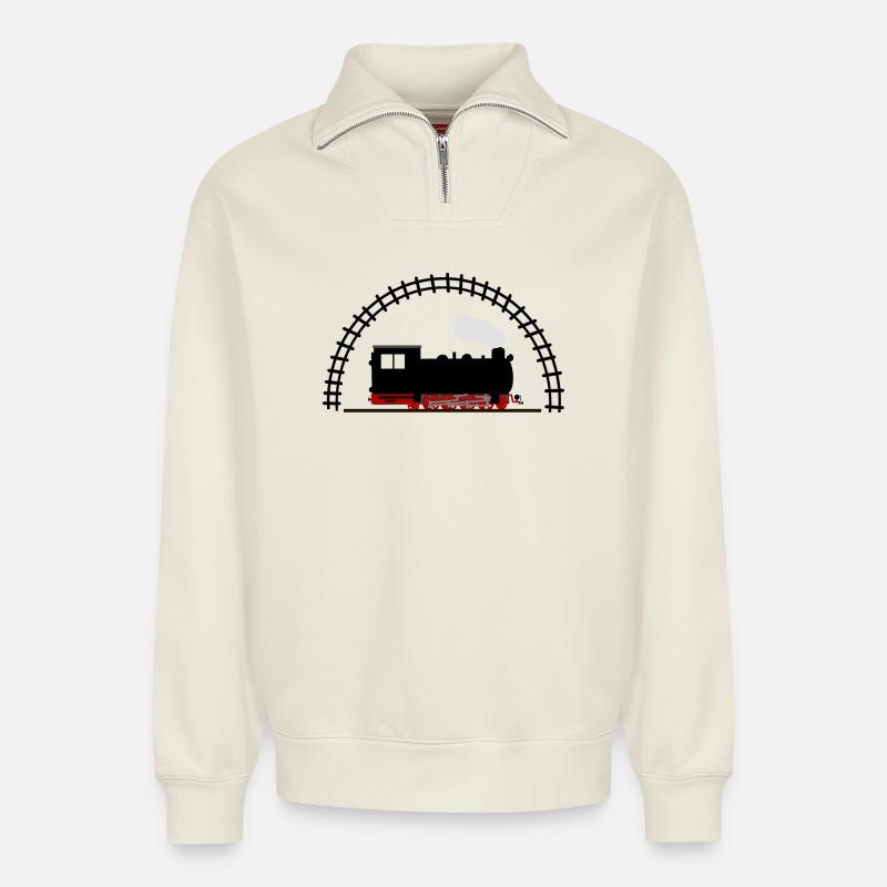Dampflok Schiene Eisenbahn - Relaxed Unisex Organic Half Zip Sweatshirt – von SPREAD - Naturweiß