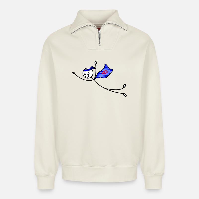 Superhelden-Strichmännchen - Relaxed Unisex Organic Half Zip Sweatshirt – von SPREAD - Naturweiß