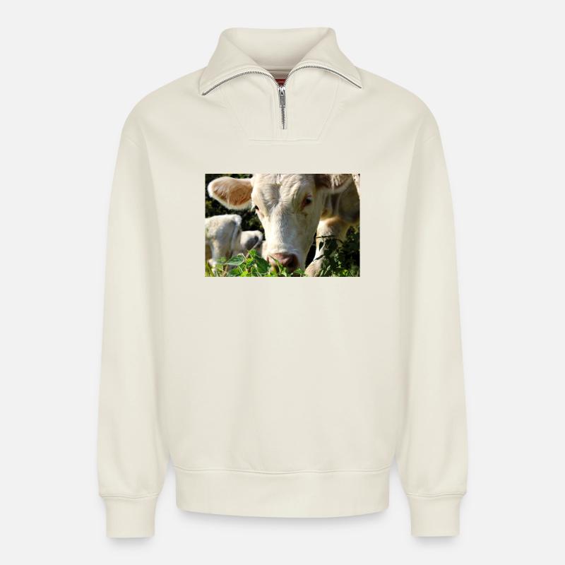 Affiche vache - Sweat unisexe décontracté en coton biologique à demi-zip – de SPREAD - blanc cassé
