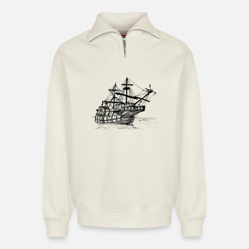 Schiff Zeichnung - Relaxed Unisex Organic Half Zip Sweatshirt – von SPREAD - Naturweiß