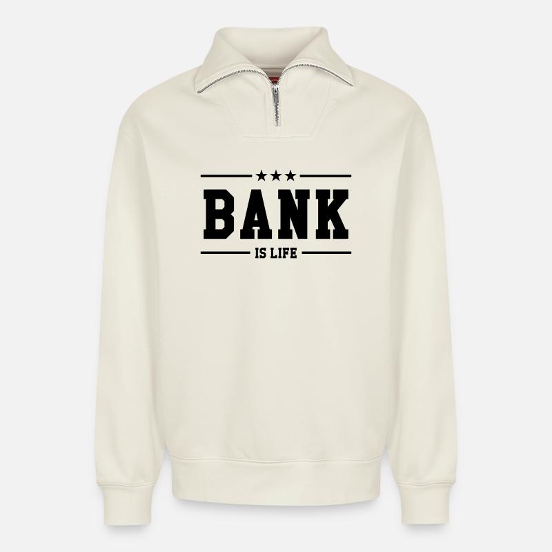 Bank is life - Relaxed Unisex Organic Half Zip Sweatshirt – von SPREAD - Naturweiß