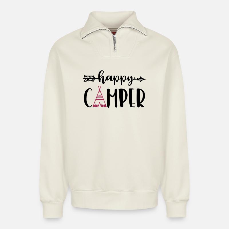 happy camper - Relaxed Unisex Organic Half Zip Sweatshirt – von SPREAD - Naturweiß