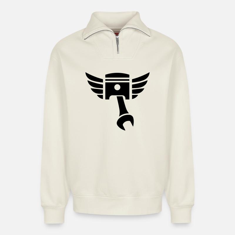 Piston key emblem with wings - Relaxed Unisex Organic Half Zip Sweatshirt – by SPREAD - off white
