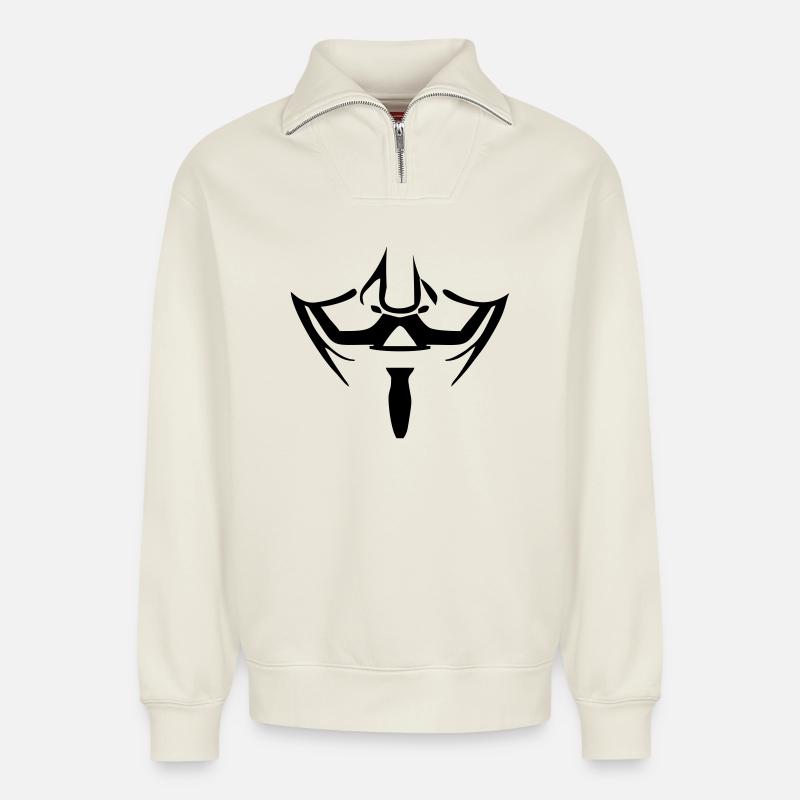 Anonymous mask - Relaxed Unisex Organic Half Zip Sweatshirt – by SPREAD - off white