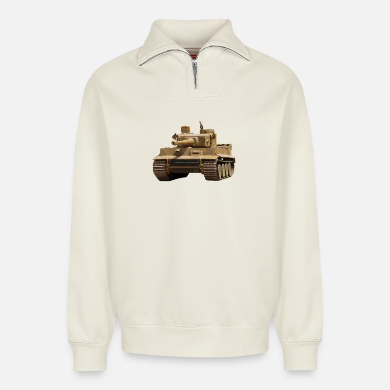 Panzer Tiger - Relaxed Unisex Organic Half Zip Sweatshirt – von SPREAD - Naturweiß