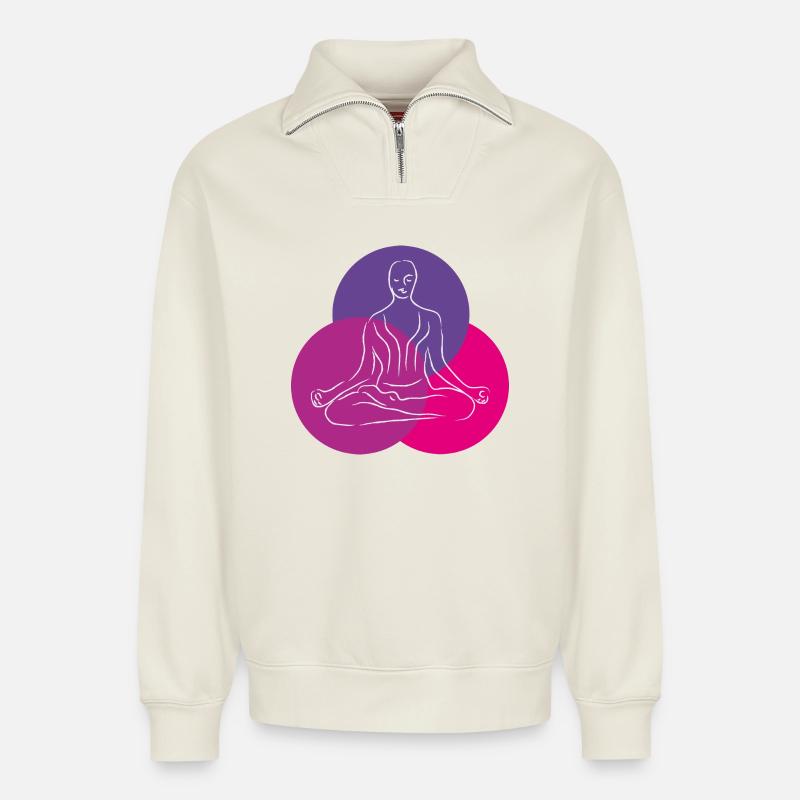 Yoga, Körper, Geist und Seele - Relaxed Unisex Organic Half Zip Sweatshirt – von SPREAD - Naturweiß