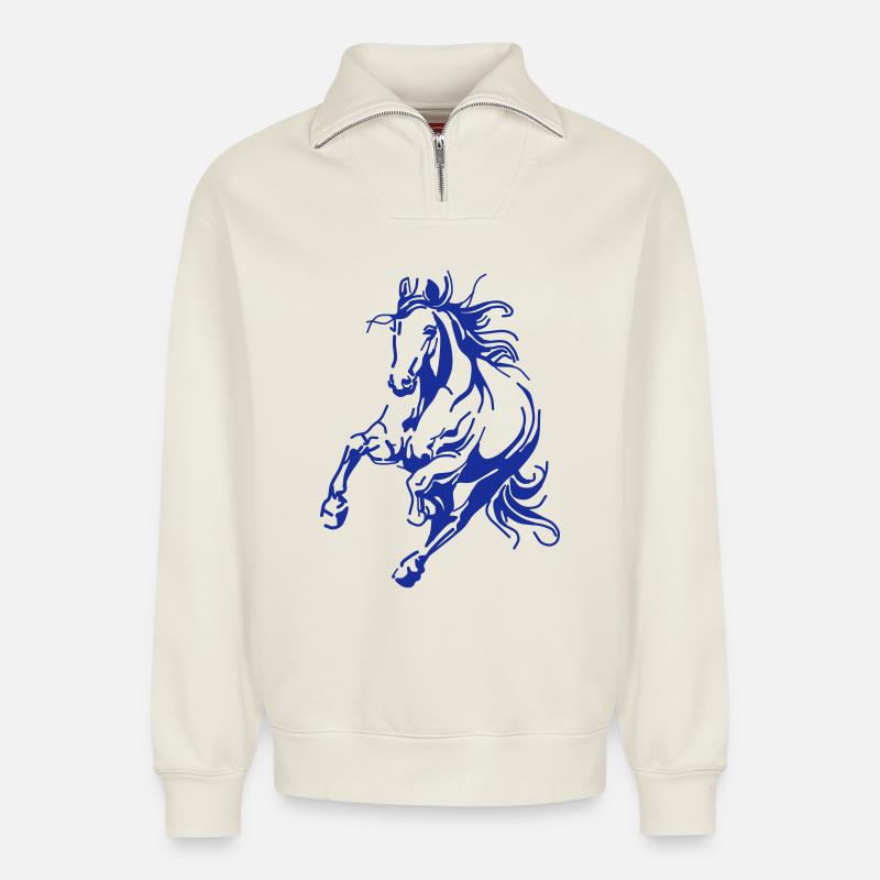 Dynamisches Blaues Linienpferd - Relaxed Unisex Organic Half Zip Sweatshirt – von SPREAD - Naturweiß