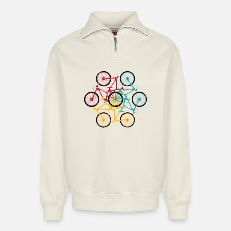Vibrant Bicycle Mandala - Relaxed Unisex Organic Half Zip Sweatshirt – by SPREAD - off white