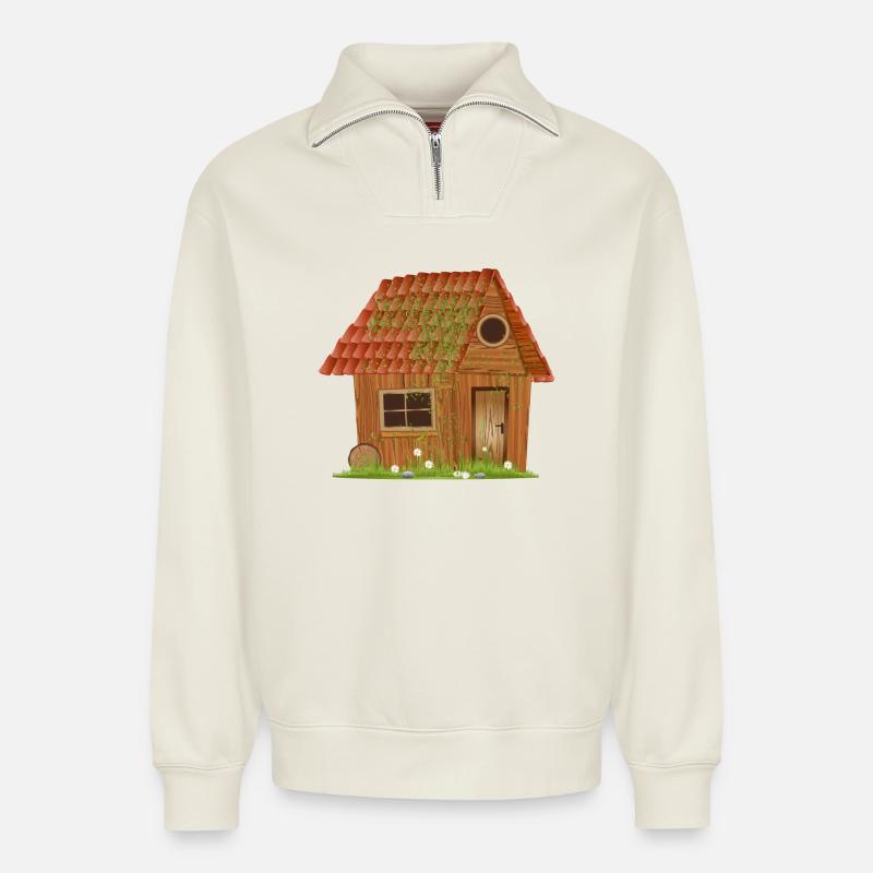small windswept rustic hut - Relaxed Unisex Organic Half Zip Sweatshirt – by SPREAD - off white