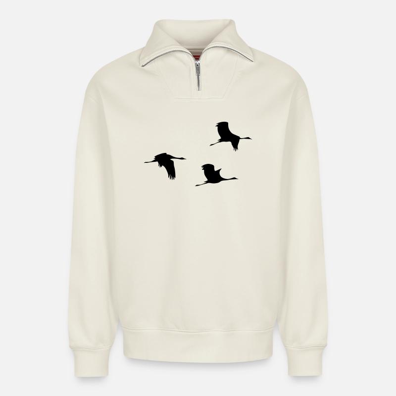 Flying Cranes Vector - Relaxed Unisex Organic Half Zip Sweatshirt – by SPREAD - off white