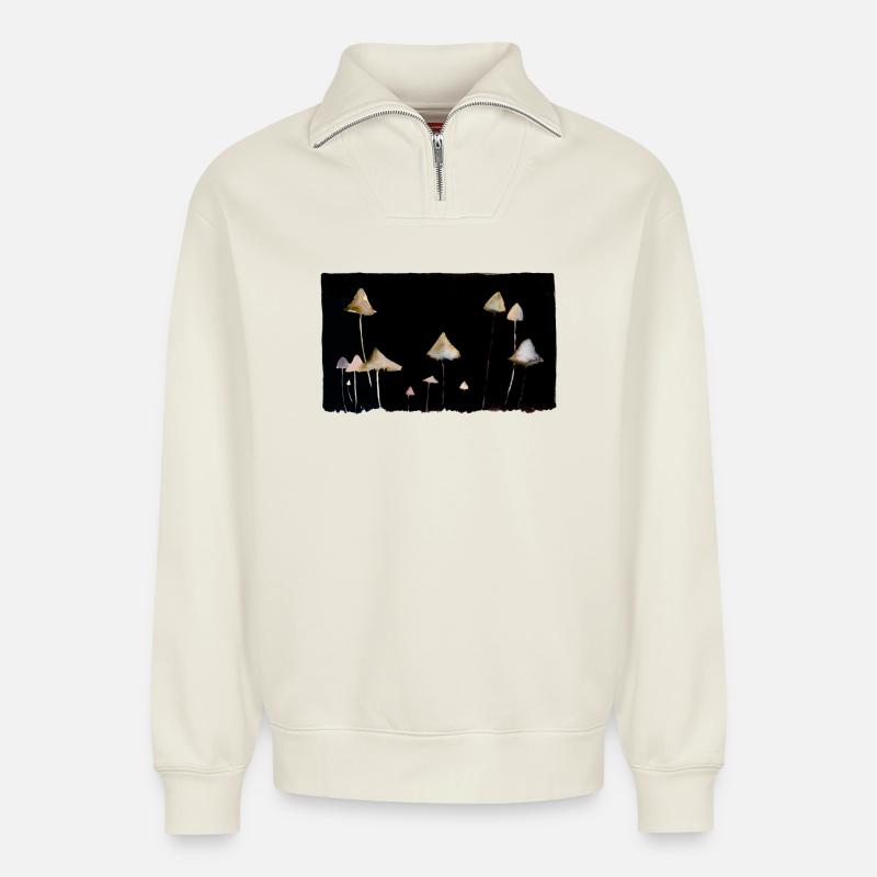 Champignons - Sweat unisexe décontracté en coton biologique à demi-zip – de SPREAD - blanc cassé