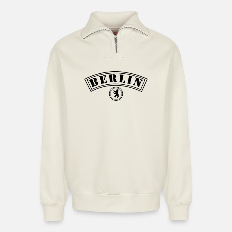 Berlin with bear - Relaxed Unisex Organic Half Zip Sweatshirt – by SPREAD - off white