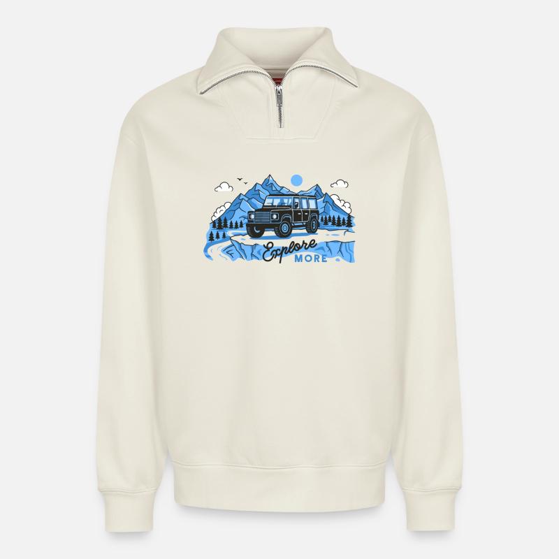 Defender explore more - Relaxed Unisex Organic Half Zip Sweatshirt – von SPREAD - Naturweiß