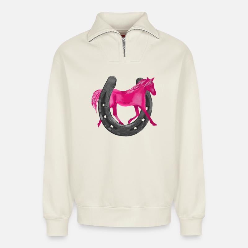 Pony emotion - Relaxed Unisex Organic Half Zip Sweatshirt – by SPREAD - off white