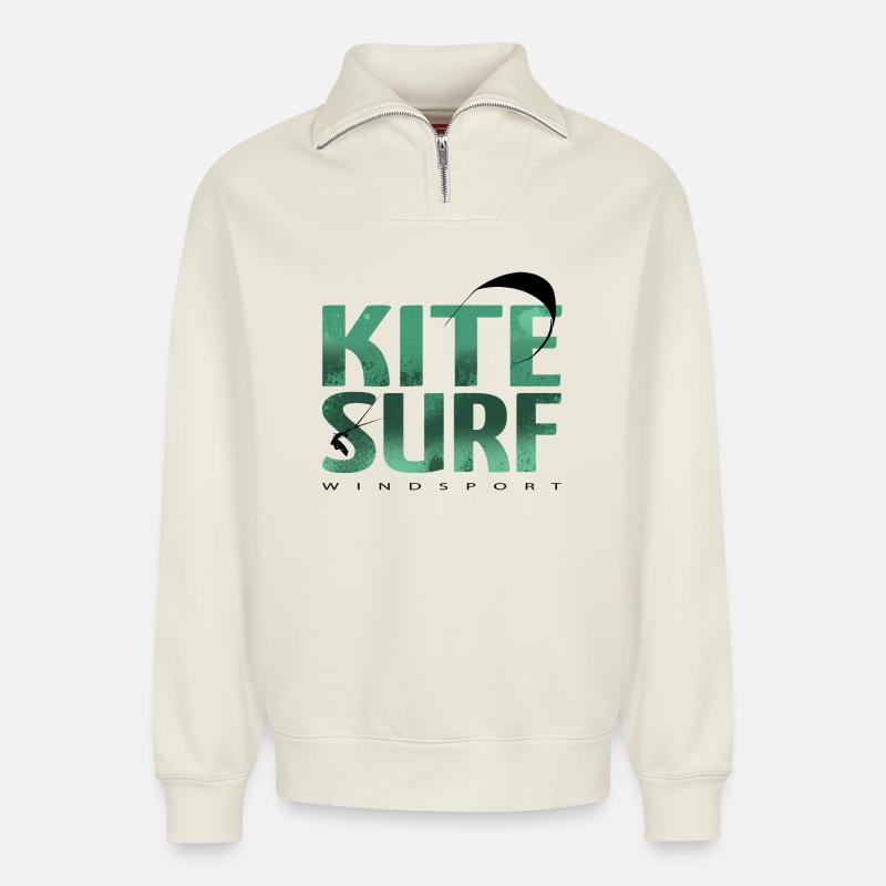KITESURF 2021 grün - Relaxed Unisex Organic Half Zip Sweatshirt – von SPREAD - Naturweiß