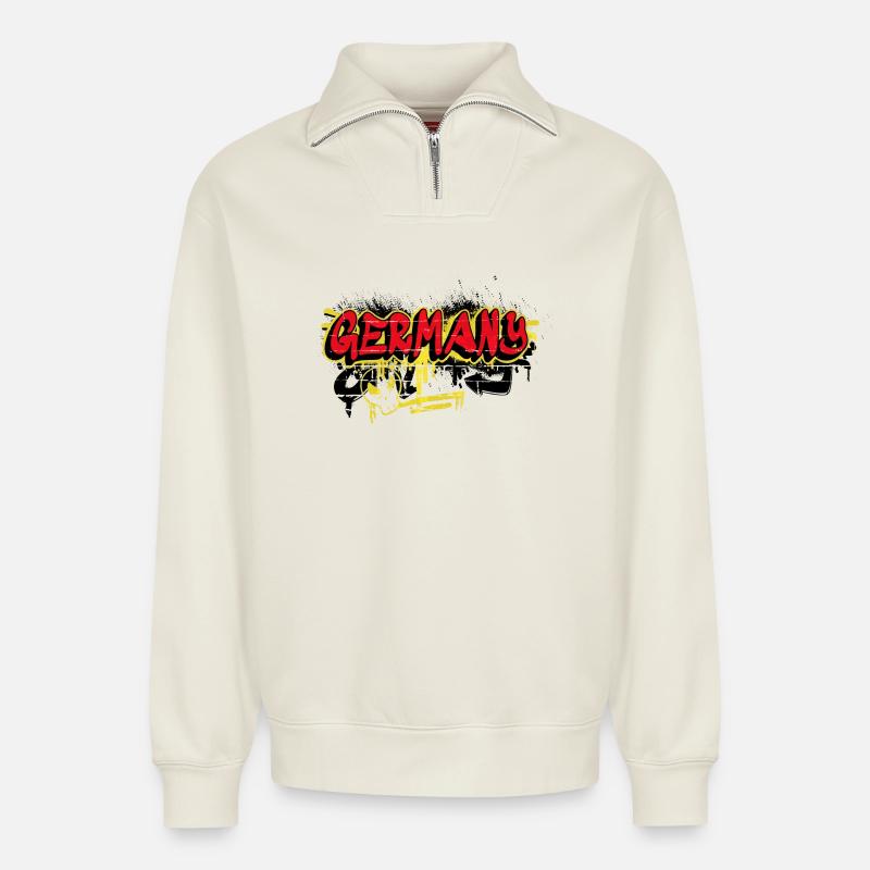 Drapeaux graffitis allemands - Sweat unisexe décontracté en coton biologique à demi-zip – de SPREAD - blanc cassé