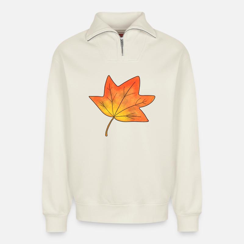 Autumn Leaf Maple Leaf - Relaxed Unisex Organic Half Zip Sweatshirt – by SPREAD - off white