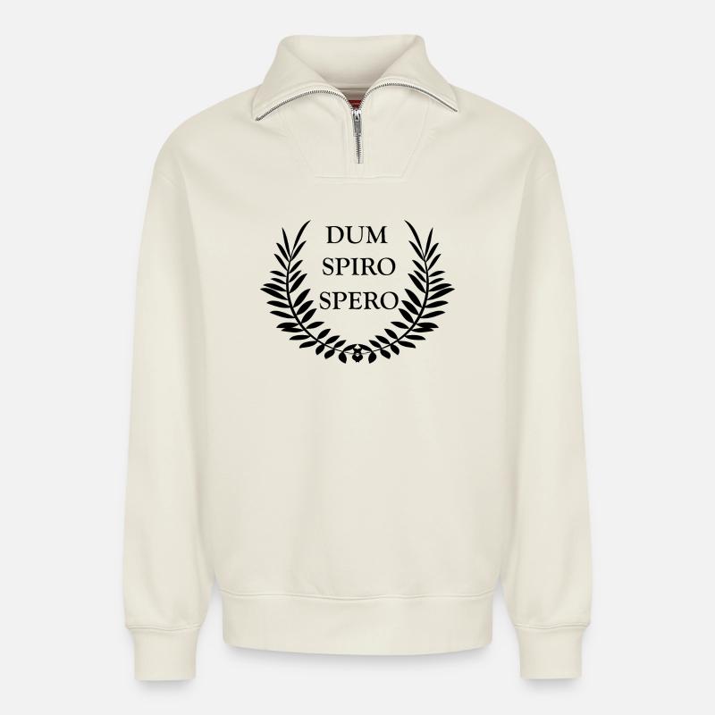 Dum Spiro Spero - Sweat unisexe décontracté en coton biologique à demi-zip – de SPREAD - blanc cassé