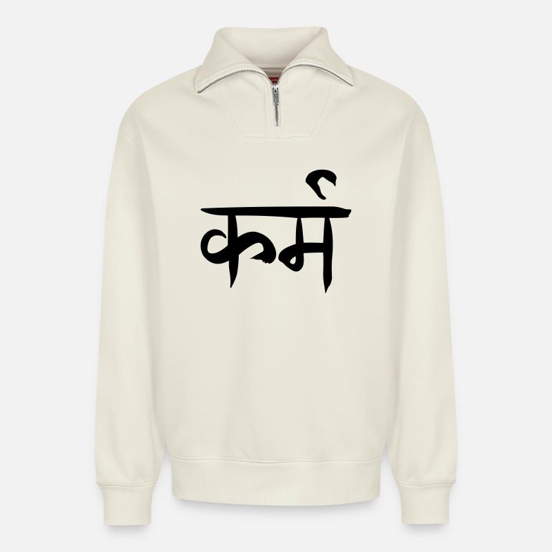 Karma sanskrit - Relaxed Unisex Organic Half Zip Sweatshirt – by SPREAD - off white