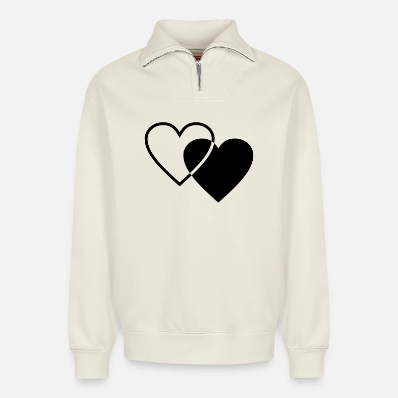 Deux cœurs - Sweat unisexe décontracté en coton biologique à demi-zip – de SPREAD - blanc cassé