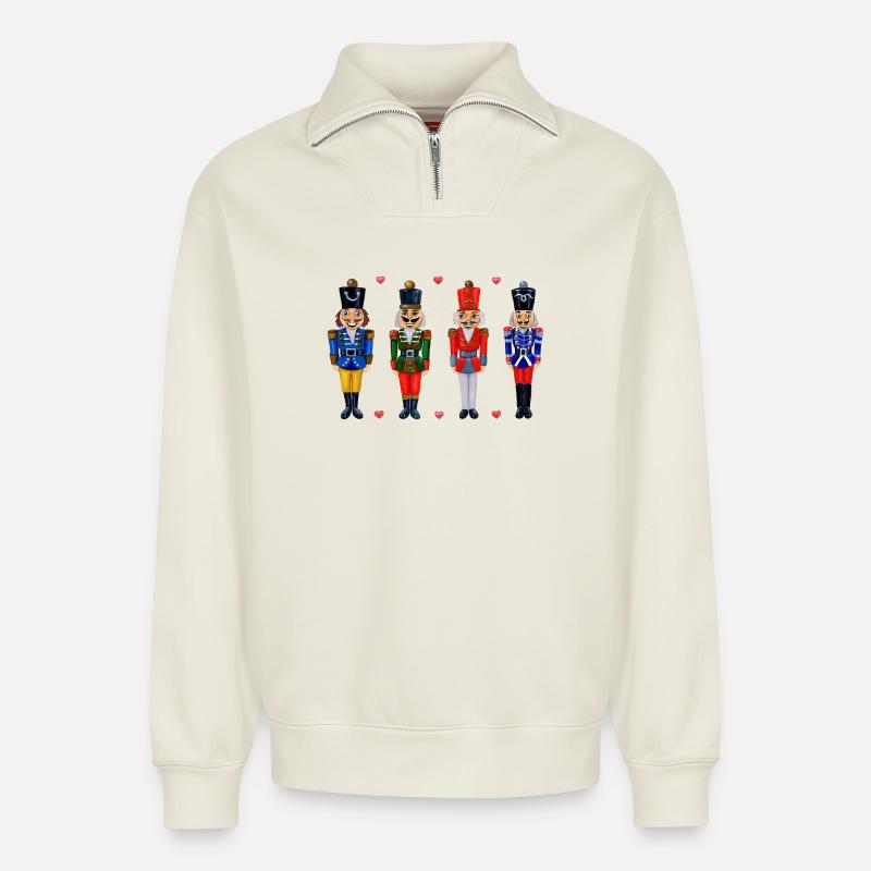 FOUR FUNNY NUTCRACKERS - Relaxed Unisex Organic Half Zip Sweatshirt – by SPREAD - off white
