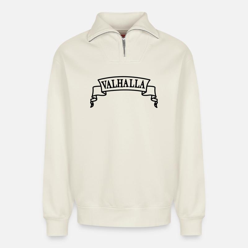 Walhalla im Banner - Relaxed Unisex Organic Half Zip Sweatshirt – von SPREAD - Naturweiß