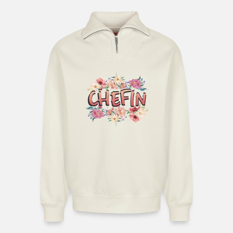 Chefin - Relaxed Unisex Organic Half Zip Sweatshirt – von SPREAD - Naturweiß