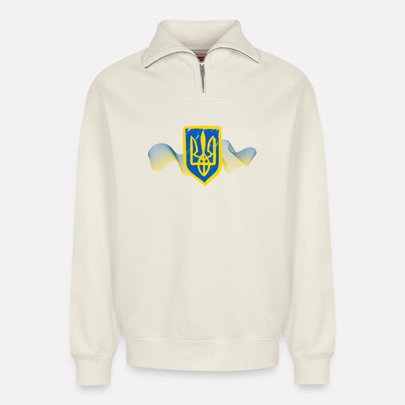 Ukrainisches Dreizack-Emblem-Design - Relaxed Unisex Organic Half Zip Sweatshirt – von SPREAD - Naturweiß